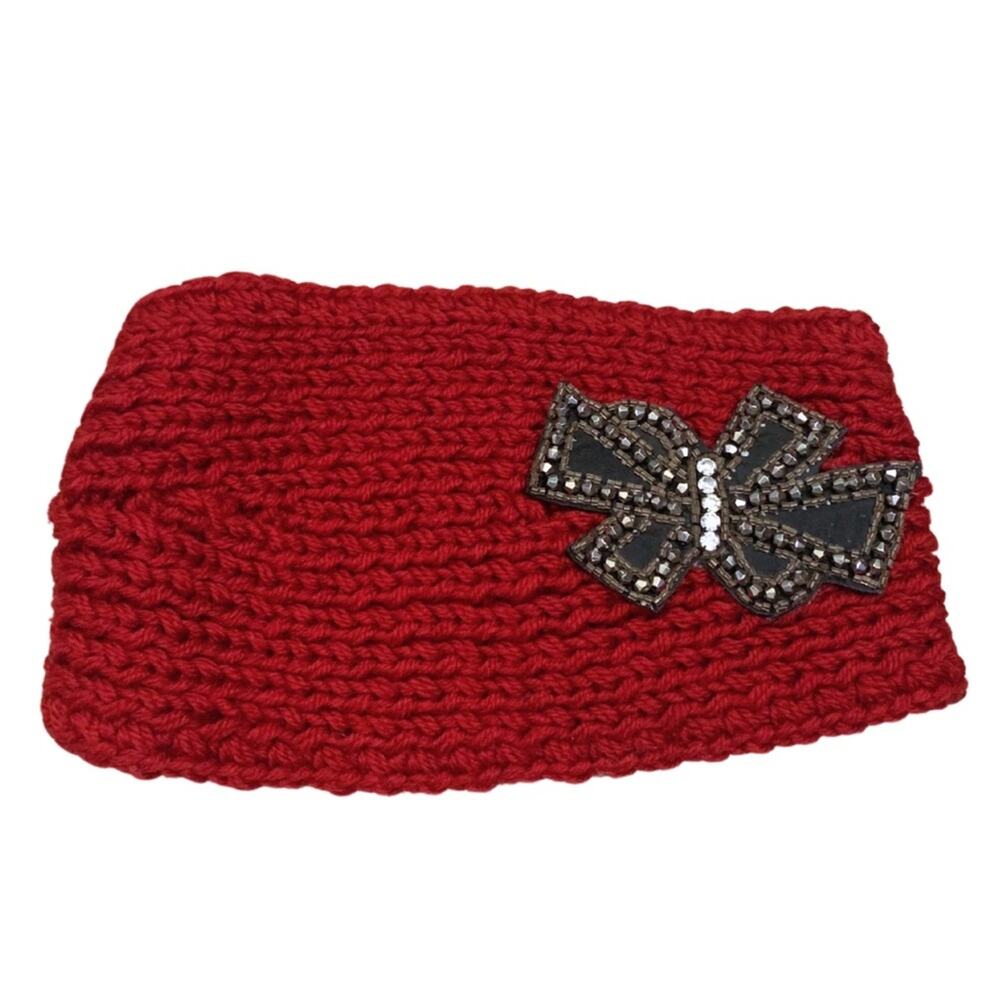 2/$30 Cozy Red Knit Warm Headband Embellished Bow Holiday Christmas Retro